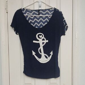 Navy Anchor Print Women's Top With Georgette Striped Fabric In Back
